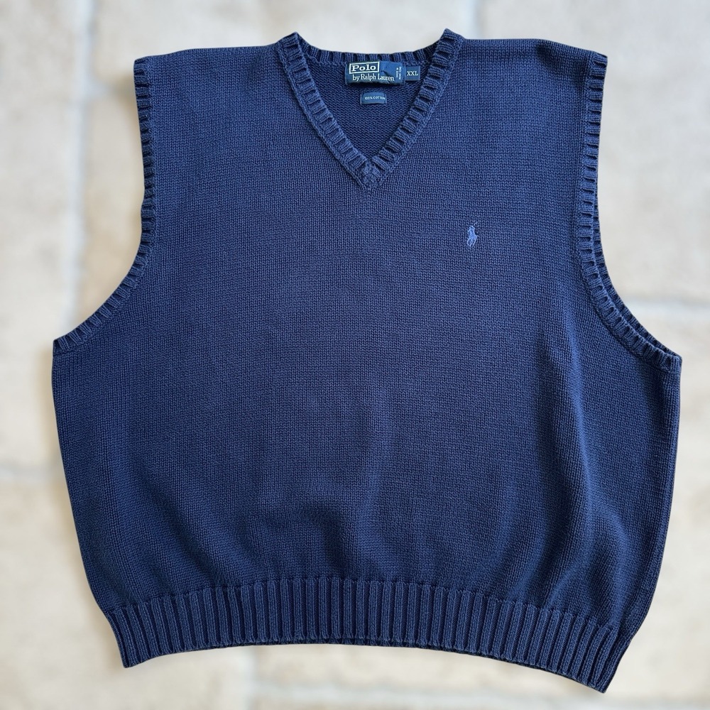 Vintage Polo Ralph Lauren Sweater Vest Mens 2XL Blue Cotton Pullover Preppy 90s